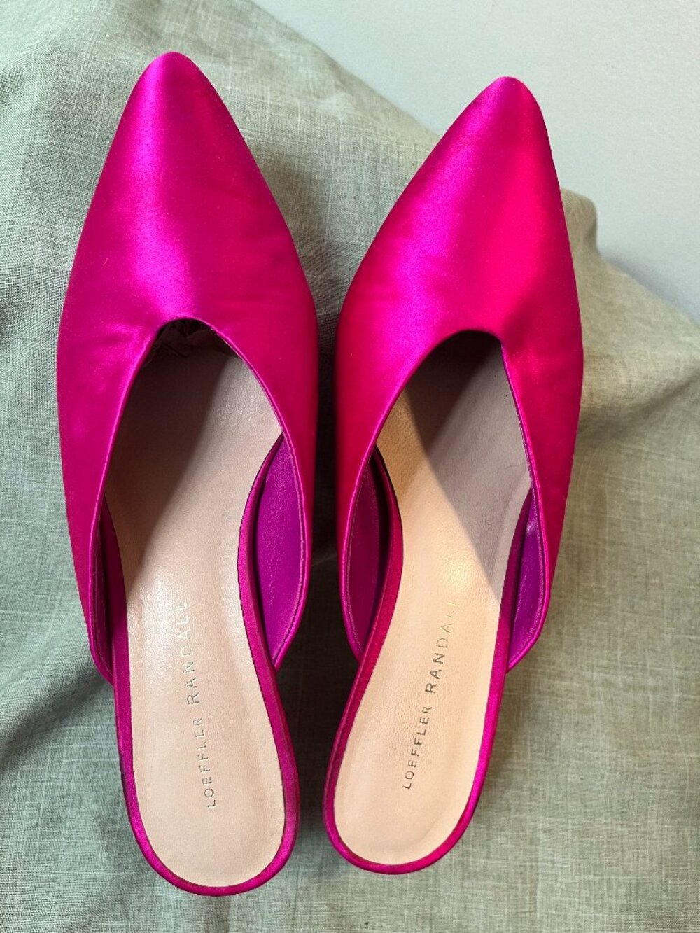 Loeffler Randall Fuchsia Pink Satin Pointed Toe Kitten Heel Mules Size 8 B